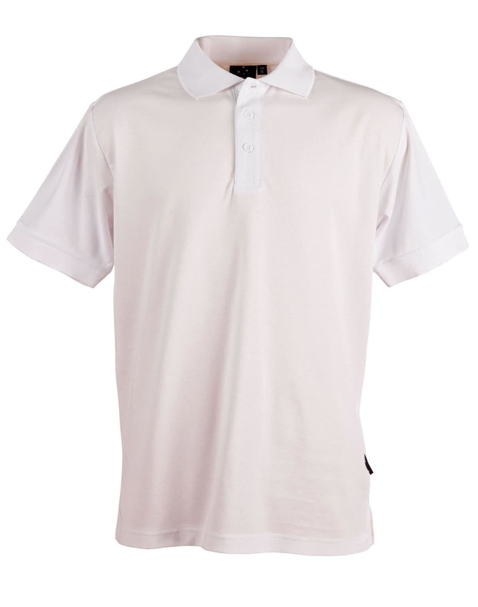 A white men's polo shirt featuring short sleeves and a three-button placket. It has a logo on the chest.