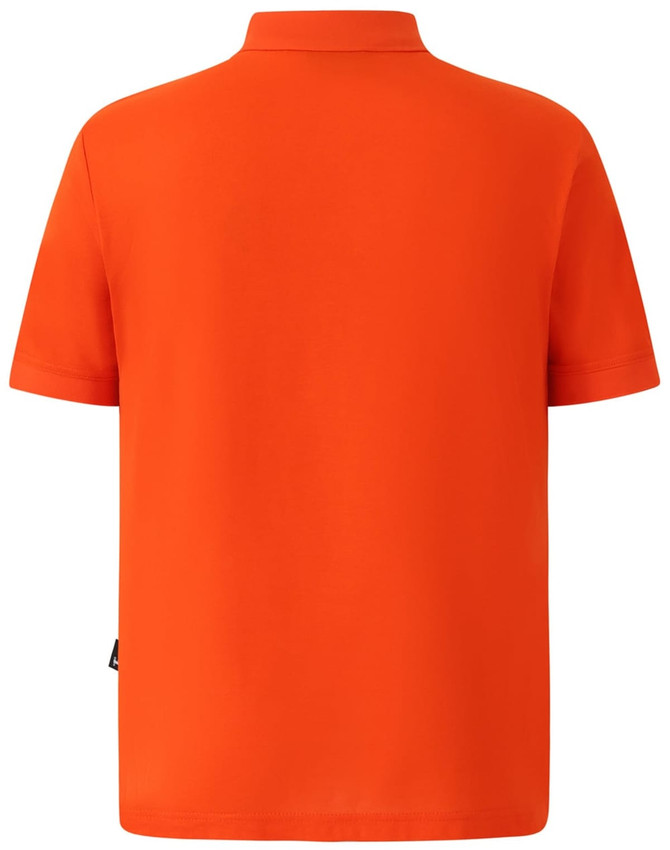 An orange men's polo shirt featuring a collar and short sleeves, with a brand logo on the chest.