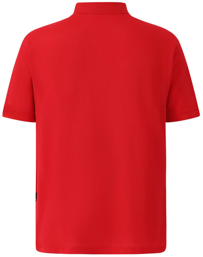 A bright red men's polo shirt with a classic collar and short sleeves, featuring a logo.