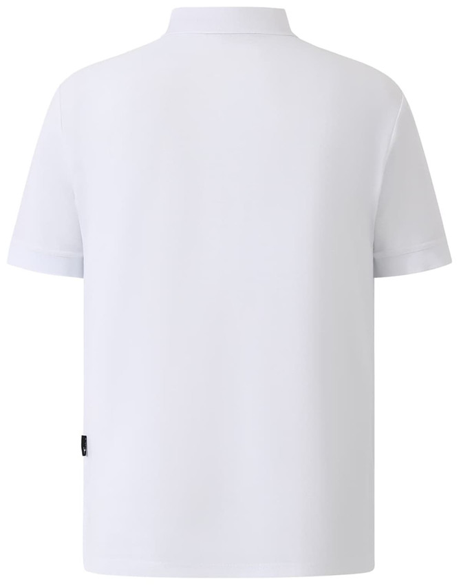A white men's polo shirt with a collar and short sleeves, featuring a logo on the back.
