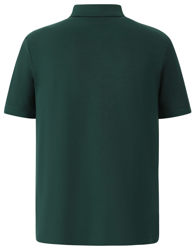A green men's polo shirt featuring short sleeves and a collar, with a branding logo on the back.