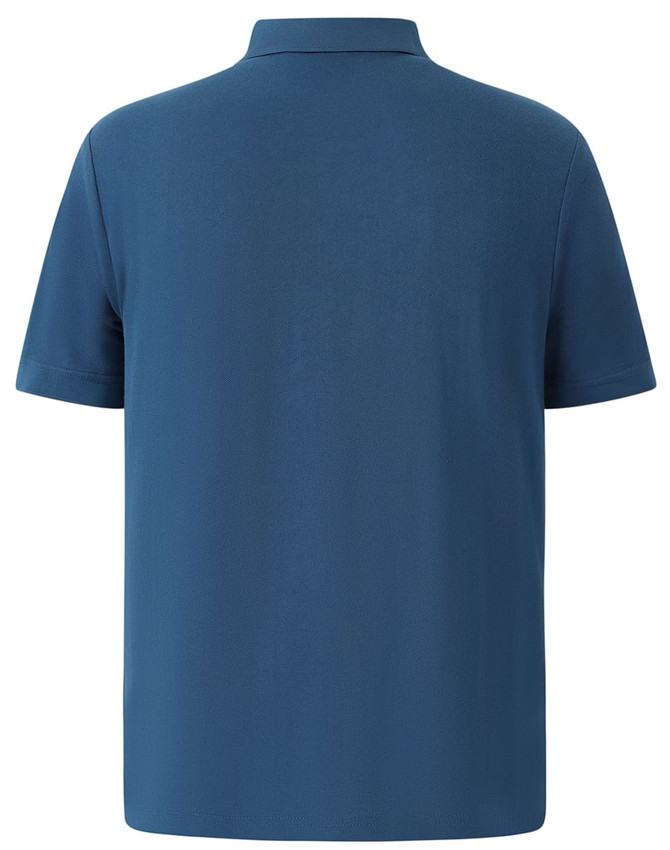 A blue men's polo shirt with a short sleeve and a collar, featuring a logo on the side.