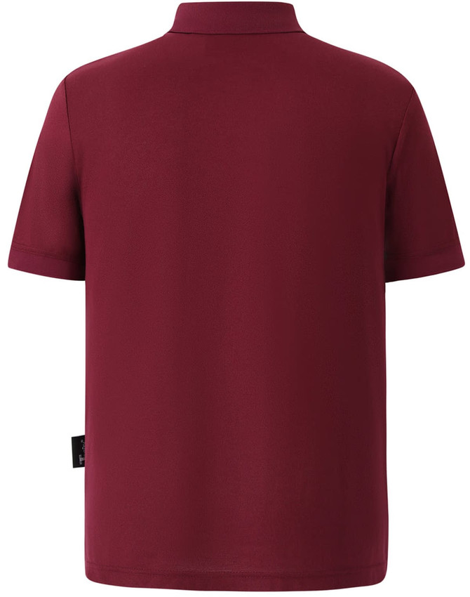 A maroon polo shirt featuring a collar and short sleeves, with a logo on the back.