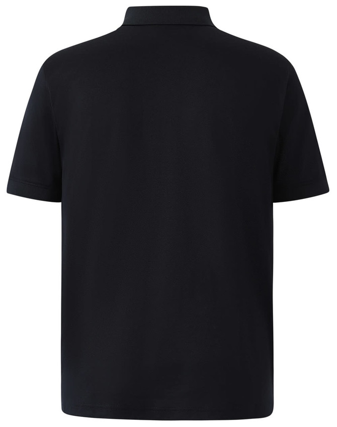A navy blue men's polo shirt with short sleeves and a collar, featuring a logo on the back.