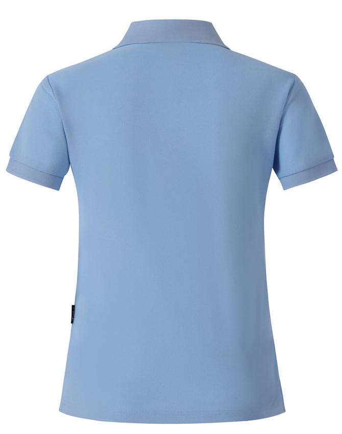 A light blue ladies' polo shirt featuring a collar and rolled sleeves, with a logo on the side.