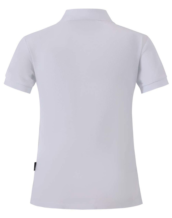 A white ladies' polo shirt featuring a collar and a logo on the side. The back is plain with no additional design.