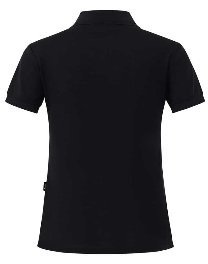 A black ladies' polo shirt featuring a classic design and a collar, with a logo on the back.