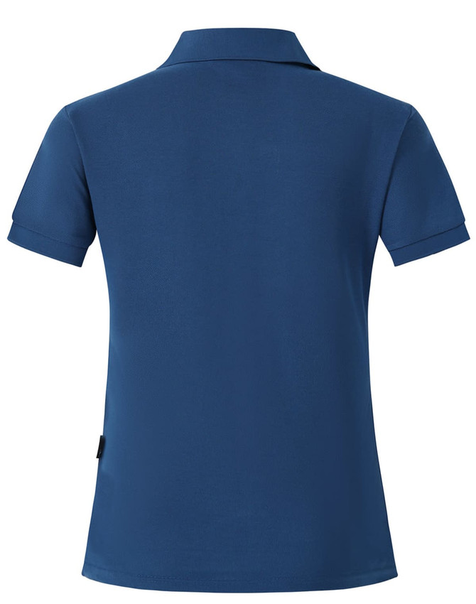 A navy ladies' polo shirt with a classic collar and short sleeves, featuring a logo on the side.