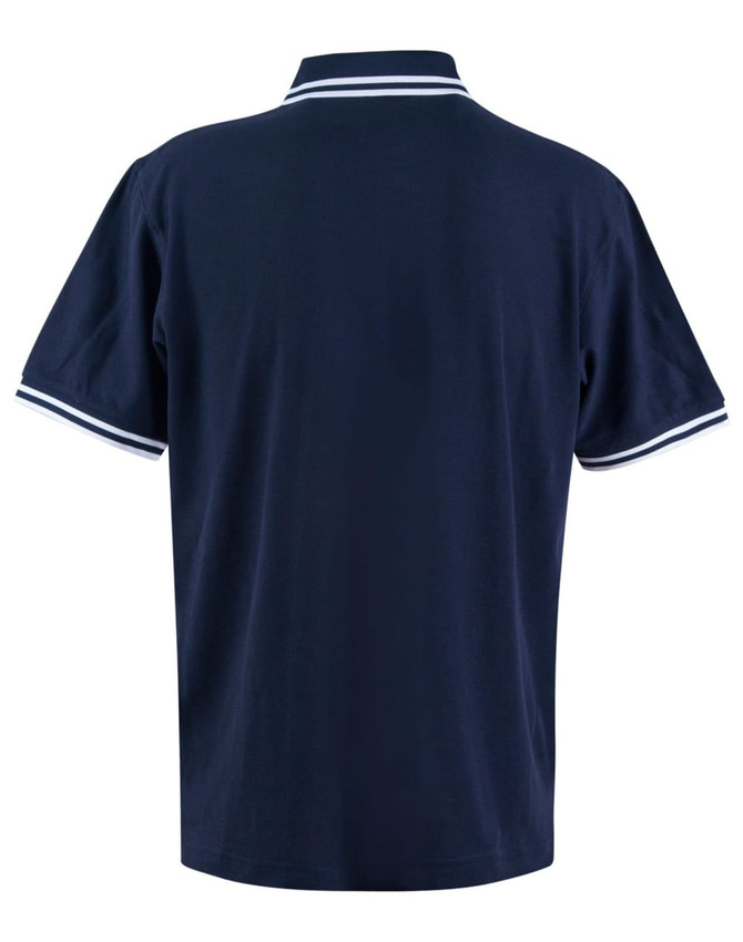 A navy blue men's polo shirt with white detailing on the collar and sleeves, featuring a logo.