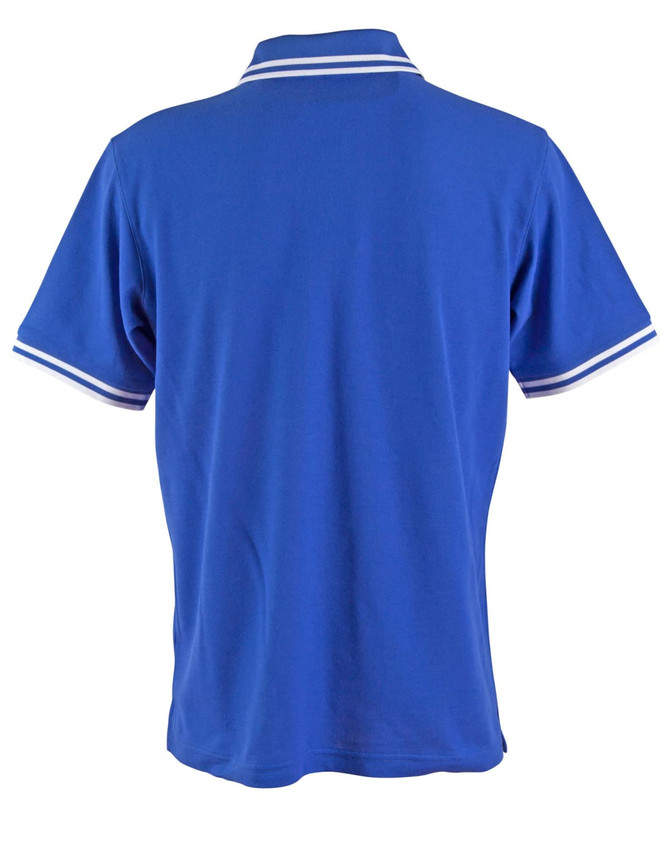 A blue polo shirt featuring contrast white trim on the collar and sleeves. Includes a logo on the front.