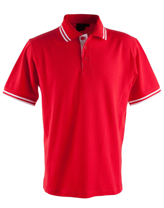 A red polo shirt with white stripe detailing on the collar and sleeves, featuring a logo on the chest.