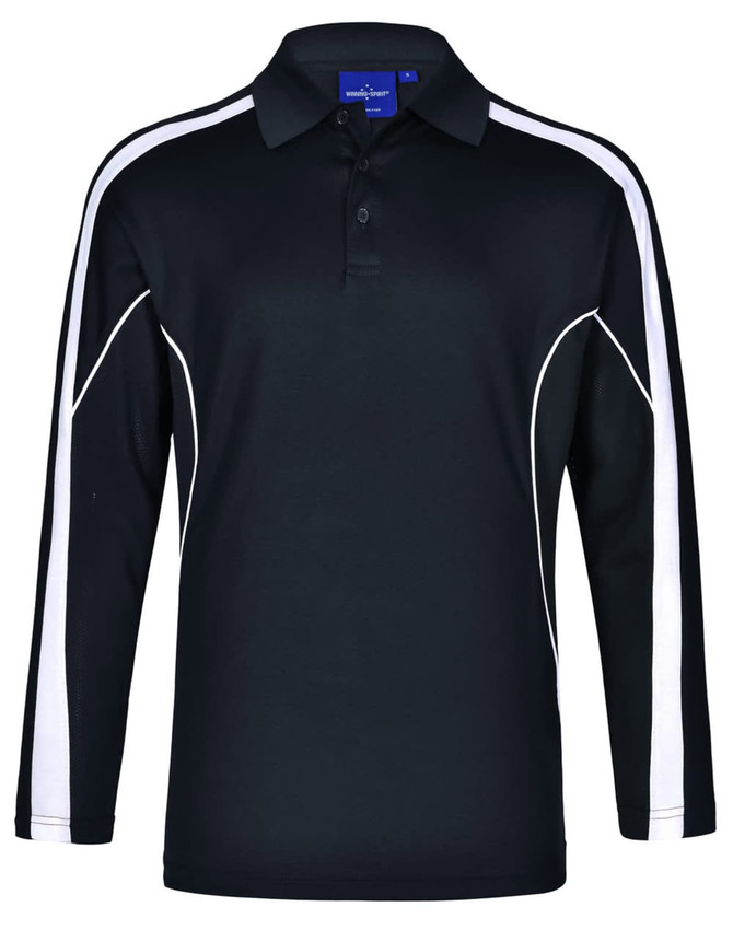 A black long sleeve polo shirt with white side stripes and a collar, featuring a logo.