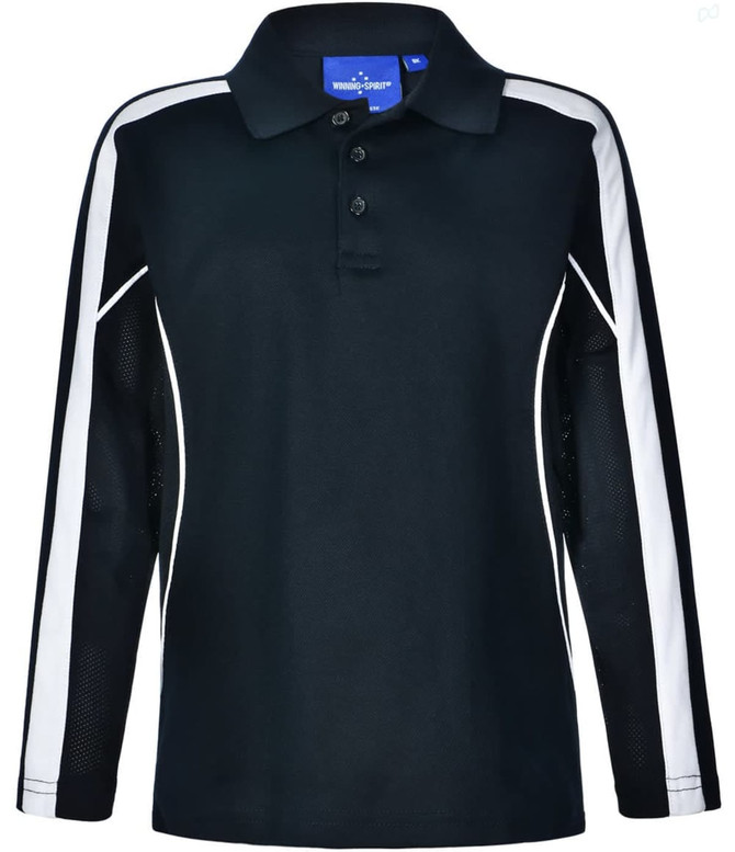A black long sleeve polo shirt with white side stripes and a collar. Features a logo on the upper section.