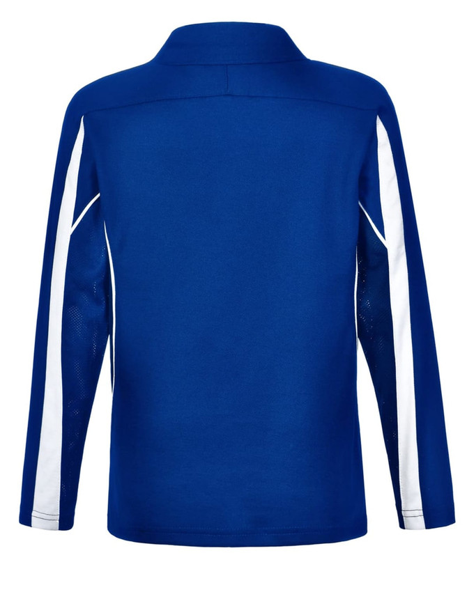 A blue long sleeve polo shirt with white accents and mesh details at the sides. It features a collar and a logo.