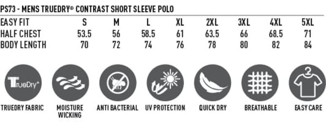 A short sleeve polo shirt in various sizes, featuring a contrast design and logo, with easy care and quick-dry properties.