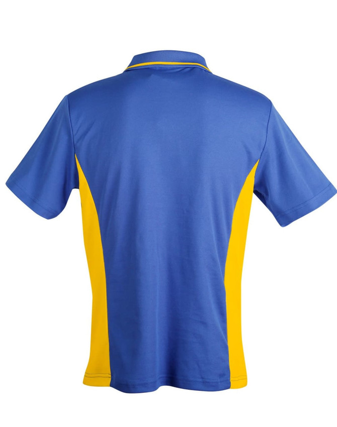 A blue and yellow men's polo shirt featuring short sleeves and a collar, with a logo on the front.