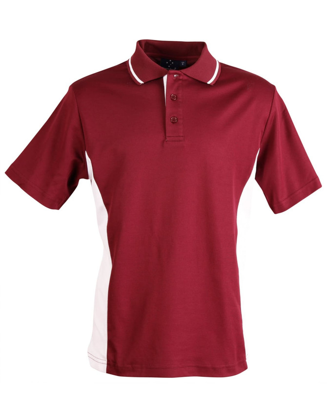 A maroon and white polo shirt with short sleeves and a collar, featuring buttons and a logo.
