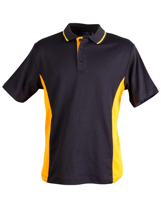 A black and yellow Kids' TrueDry Contrast short sleeve polo shirt with a collar and logo.