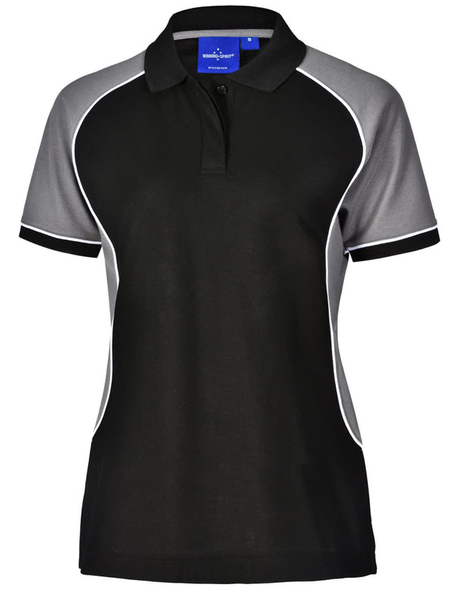 A tri-colour polo shirt featuring black, grey, and white accents, with a collar and short sleeves. It has a logo.