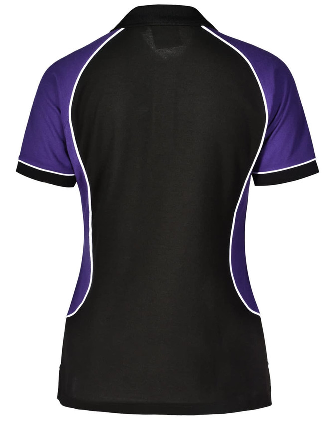 A tri-colour polo shirt in black, purple, and white with a logo on the back.