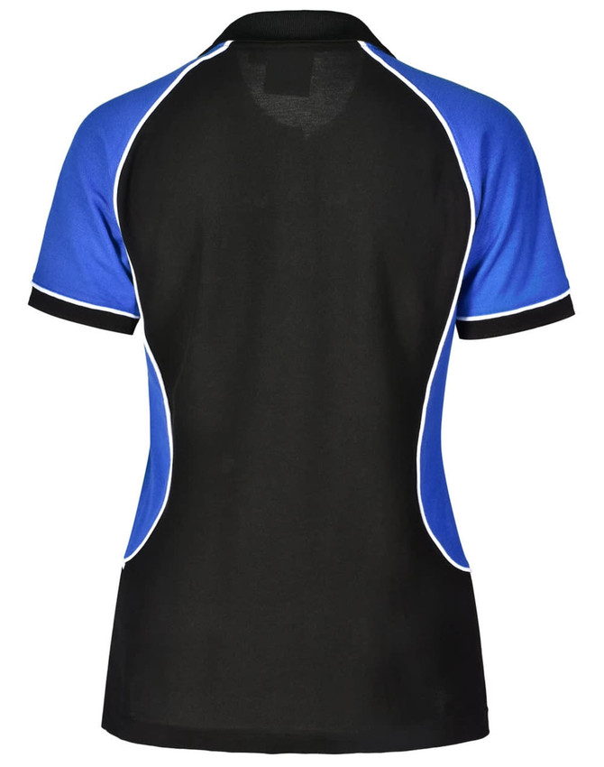 A tri-colour short-sleeve polo shirt featuring black, blue, and white accents, with a logo on the upper back.