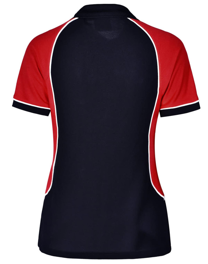 A tri-colour ladies' polo shirt featuring red, navy, and white accents, with a logo on the design.