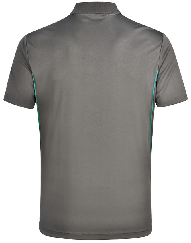 A men's short-sleeve polo shirt in grey with contrasting teal accents, featuring a collar and a logo.