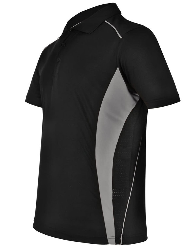 A black polo shirt with grey contrast panels and a logo. Features a classic collar and short sleeves.