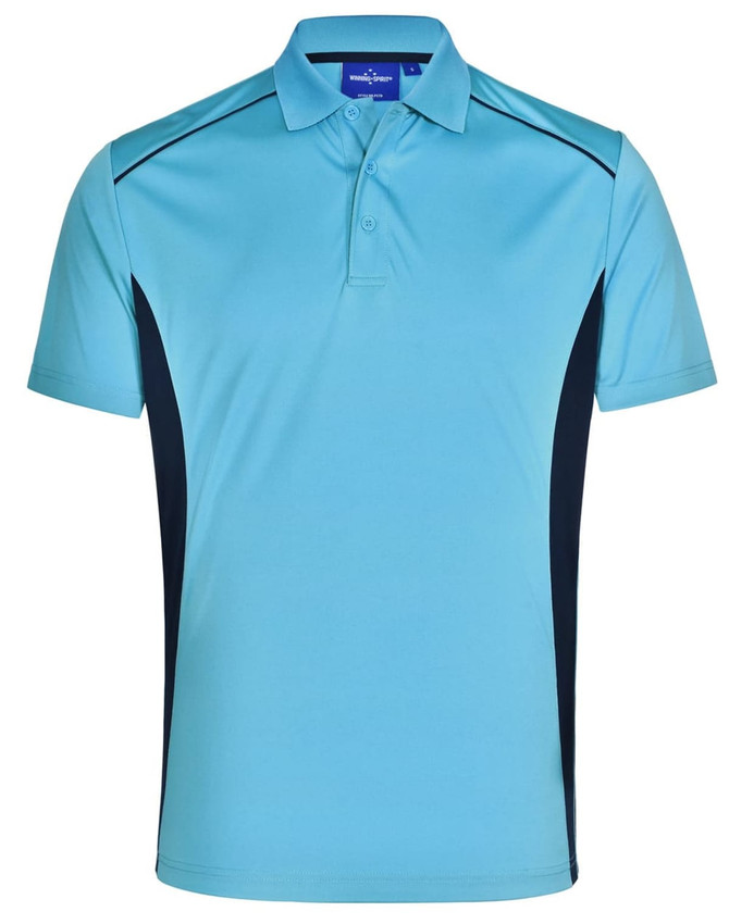 A light blue polo shirt with dark navy accents and a branded logo on the collar.