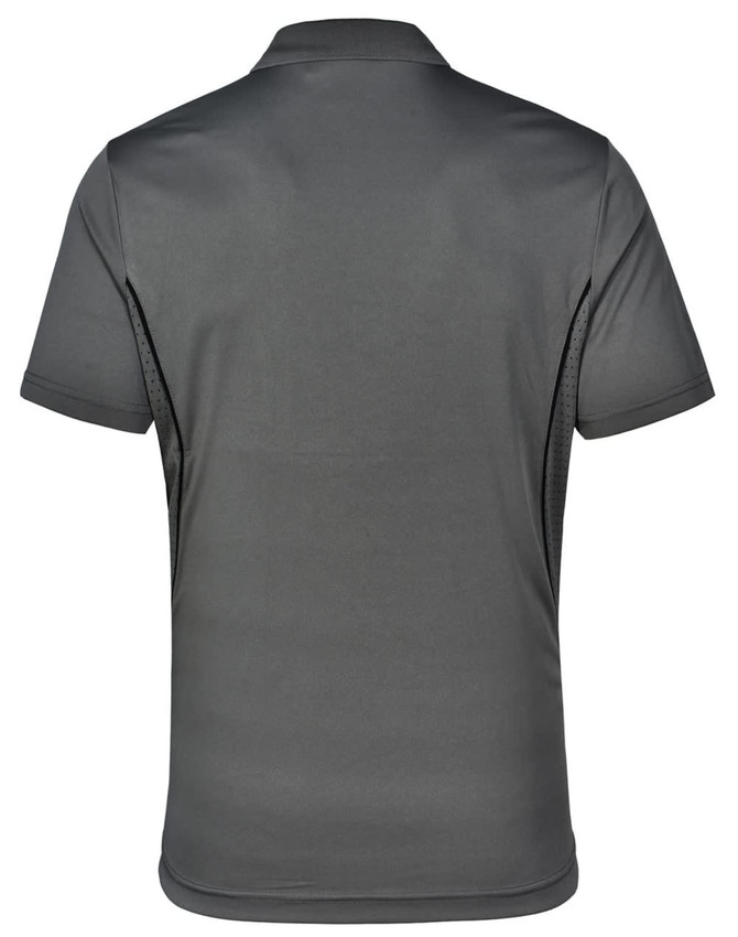 A men's short-sleeve polo shirt in dark grey with a contrasting design, featuring breathable mesh panels and a logo.