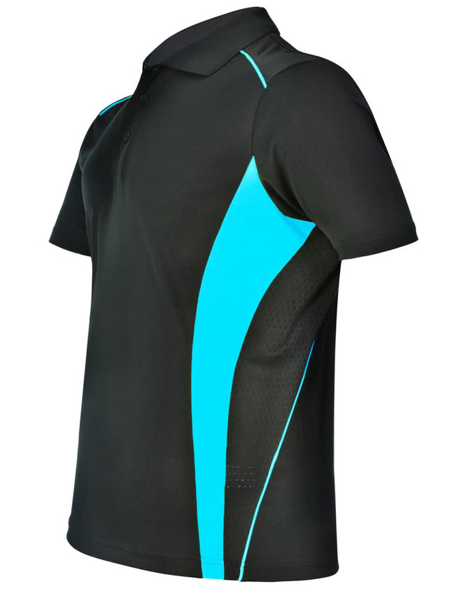 A black polo shirt with aqua contrast panels and a logo on the chest. Suitable for casual or active wear.