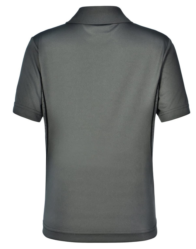 A grey kids' polo shirt featuring short sleeves and a collar, with a logo on the back.