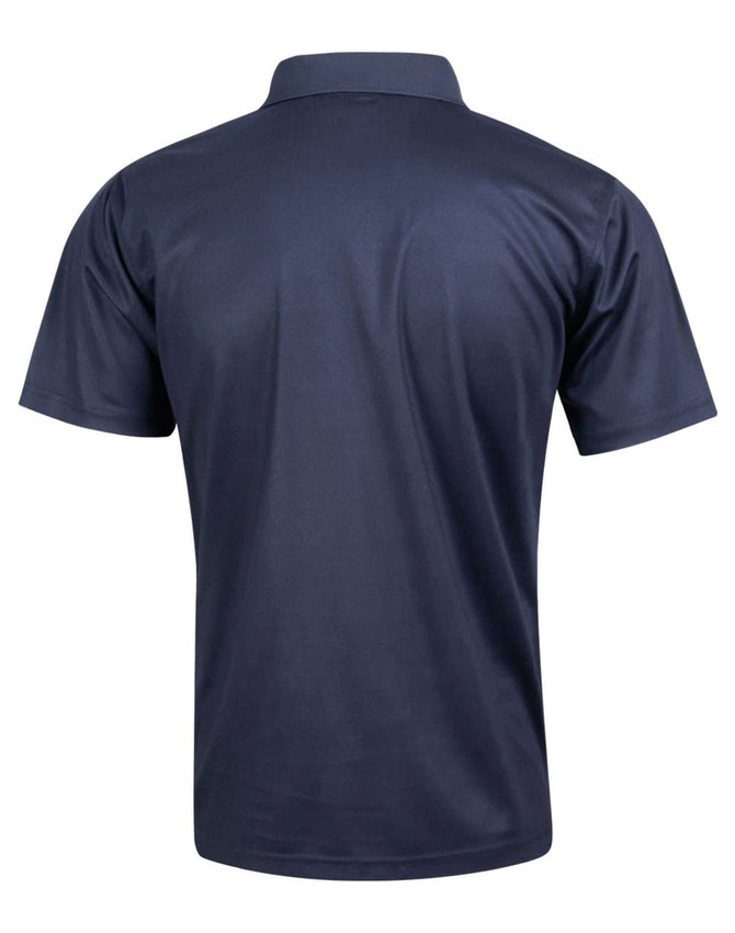 A navy blue polo shirt with a smooth finish, featuring a collared neck and short sleeves. Includes a logo.