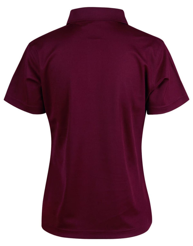 A burgundy ladies' polo shirt with a short sleeve and a standard collar, featuring a logo on the back.