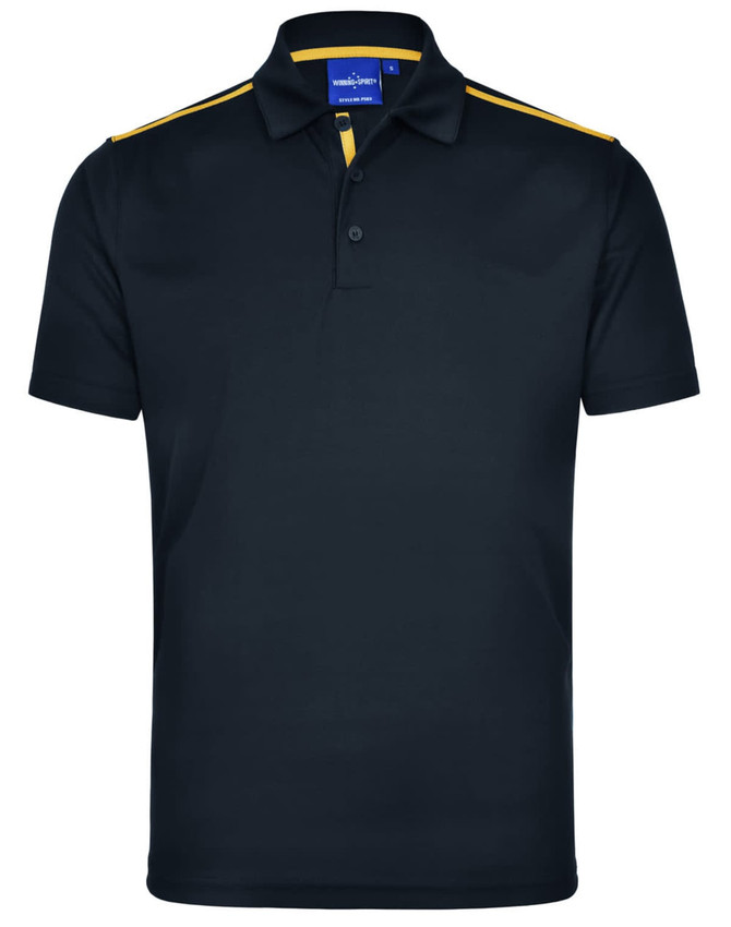 Men's rapid cool short sleeve polo in navy with yellow contrast stripes and a logo on the chest.