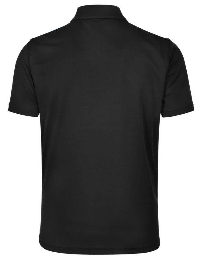 A men's rapid cool short sleeve polo shirt in black, featuring a branding logo on the back.