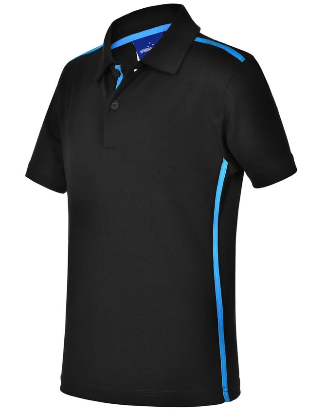 A black short sleeve polo shirt featuring blue contrast stripes and a logo on the collar.