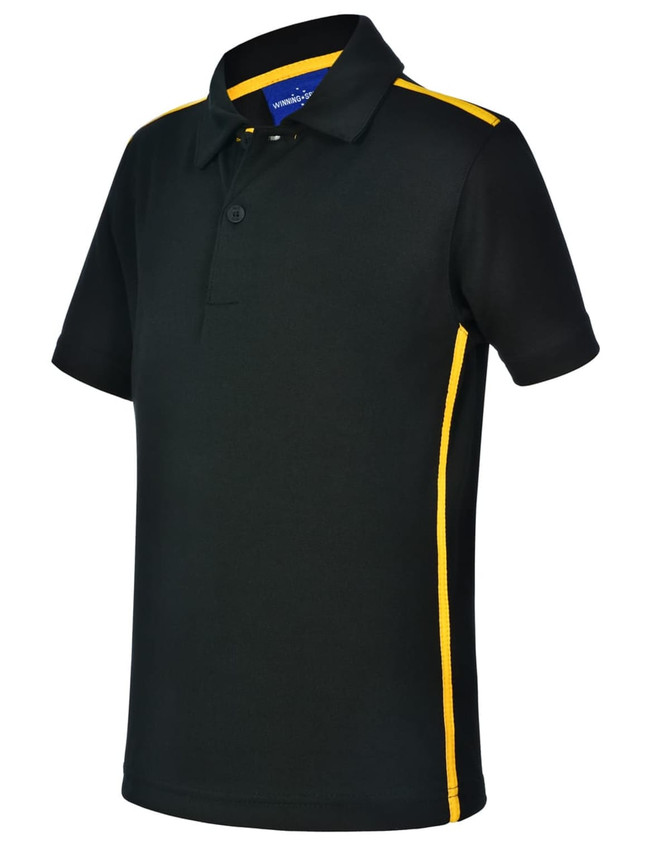 A black short sleeve polo shirt with yellow contrast detailing and a collar, featuring a logo.