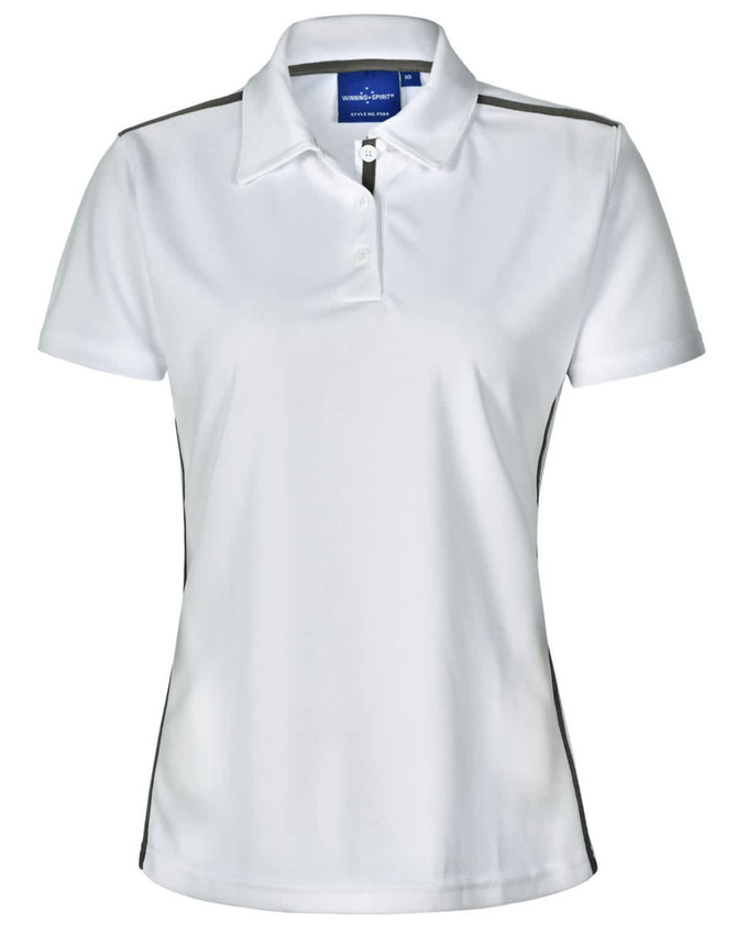 A white short sleeve polo shirt with contrast detailing and a logo on the left chest area.