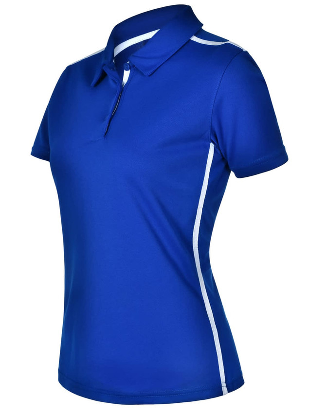 A blue ladies' polo shirt with short sleeves and white contrast stripes, featuring a collar and a logo.