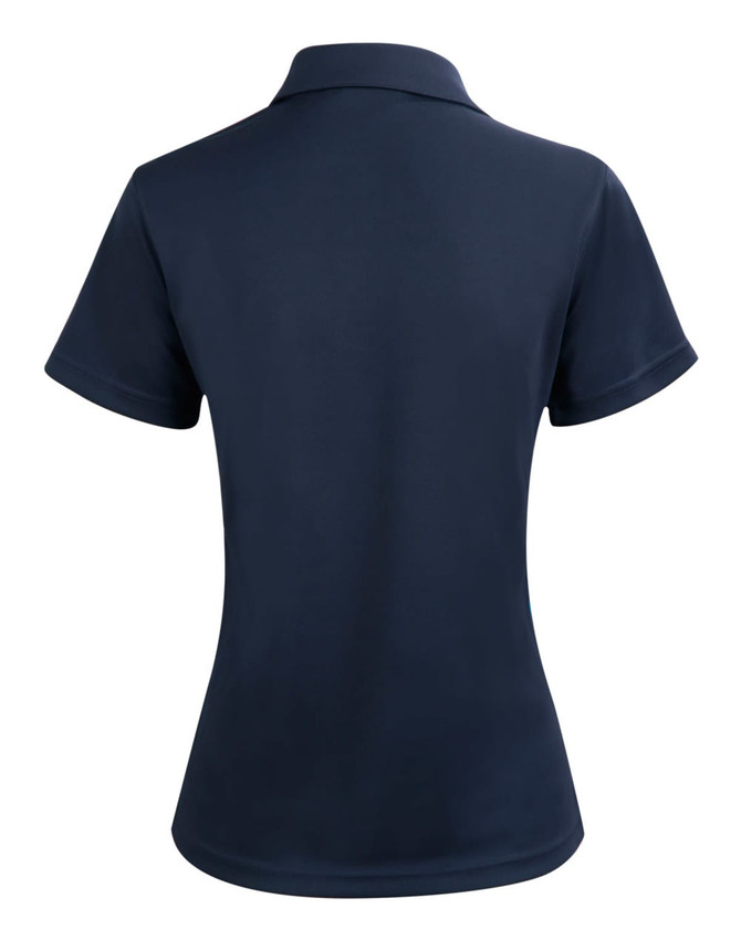 A navy blue ladies' short sleeve contrast polo shirt featuring a collar and a logo.