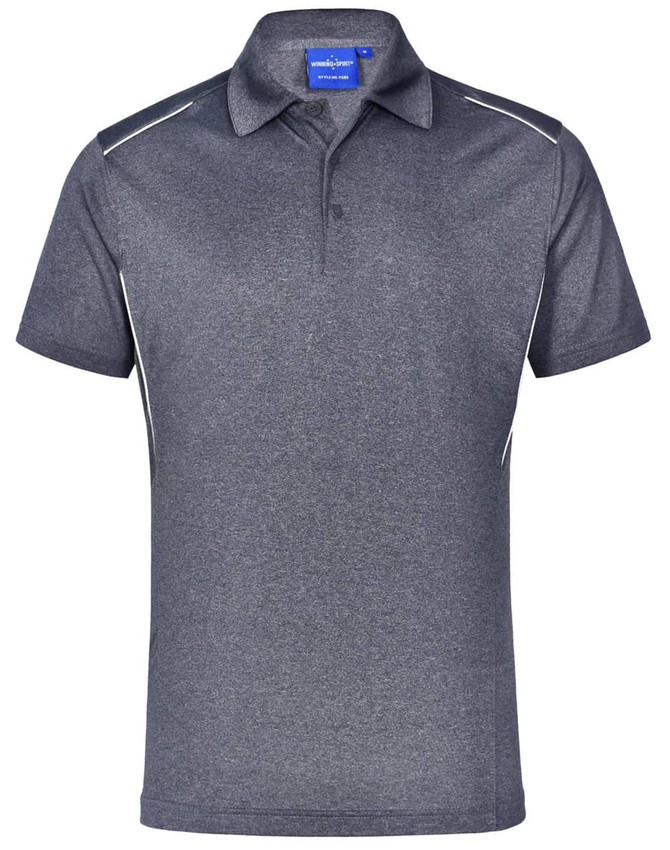 Men's short sleeve polo in a dark grey with white accents and a branding logo on the collar.
