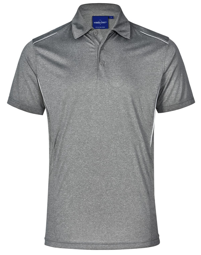 A grey short sleeve polo shirt featuring a subtle design and a logo on the collar.