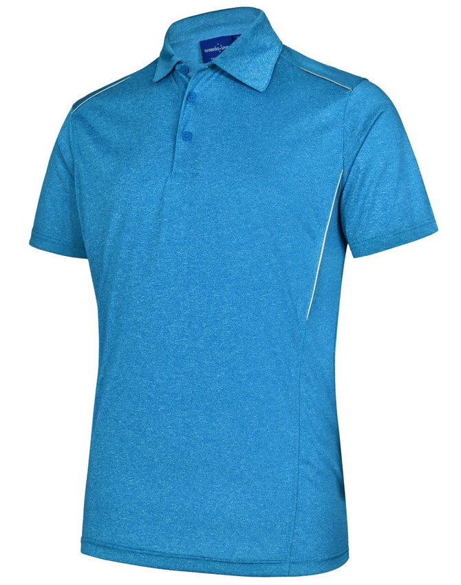 A blue short sleeve polo shirt with a collar and a logo, featuring a textured fabric and contrast detailing.