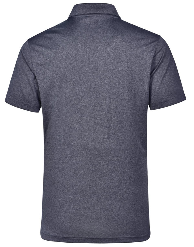 A charcoal grey men's short sleeve polo shirt with a classic collar and a logo on the back.