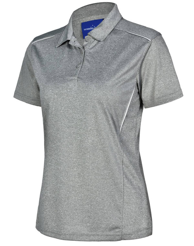 A grey ladies' short sleeve polo shirt featuring a subtle sheen and a logo on the collar.