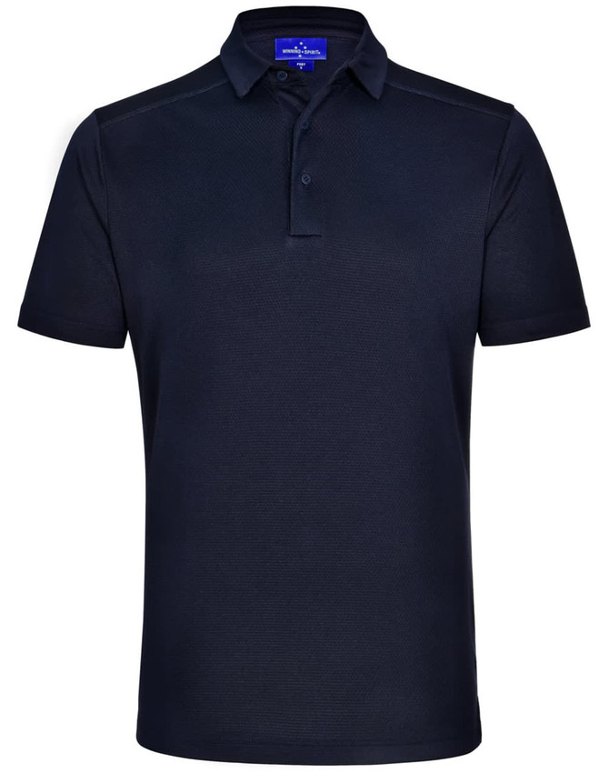 A navy blue bamboo charcoal polo shirt featuring a collar and a logo. Short sleeves complete the design.