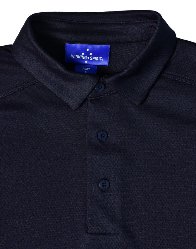 A navy blue polo shirt made of bamboo charcoal with a buttoned collar and a brand logo on the label.