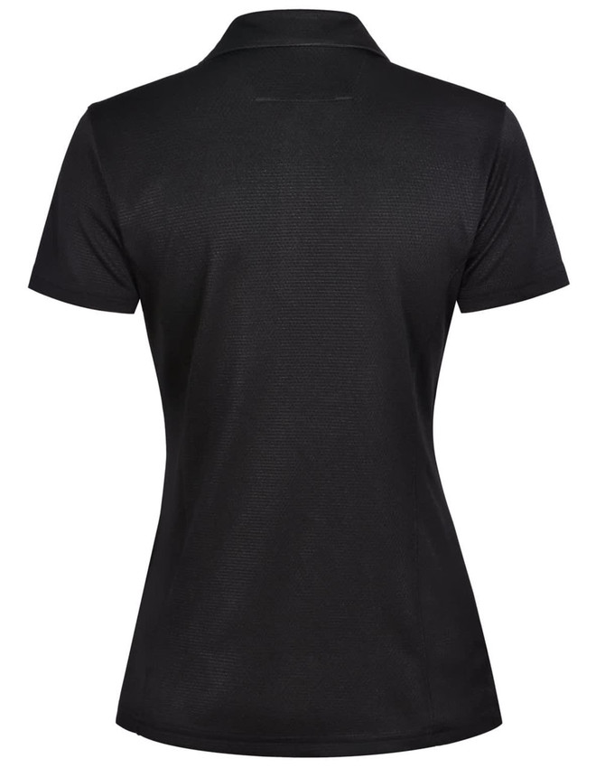 A black women's polo shirt featuring a collar and a logo on the back.
