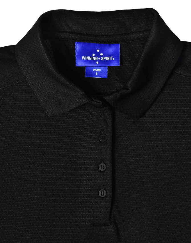 A black ladies' bamboo charcoal polo shirt featuring a collar and button placket, with a brand label inside.